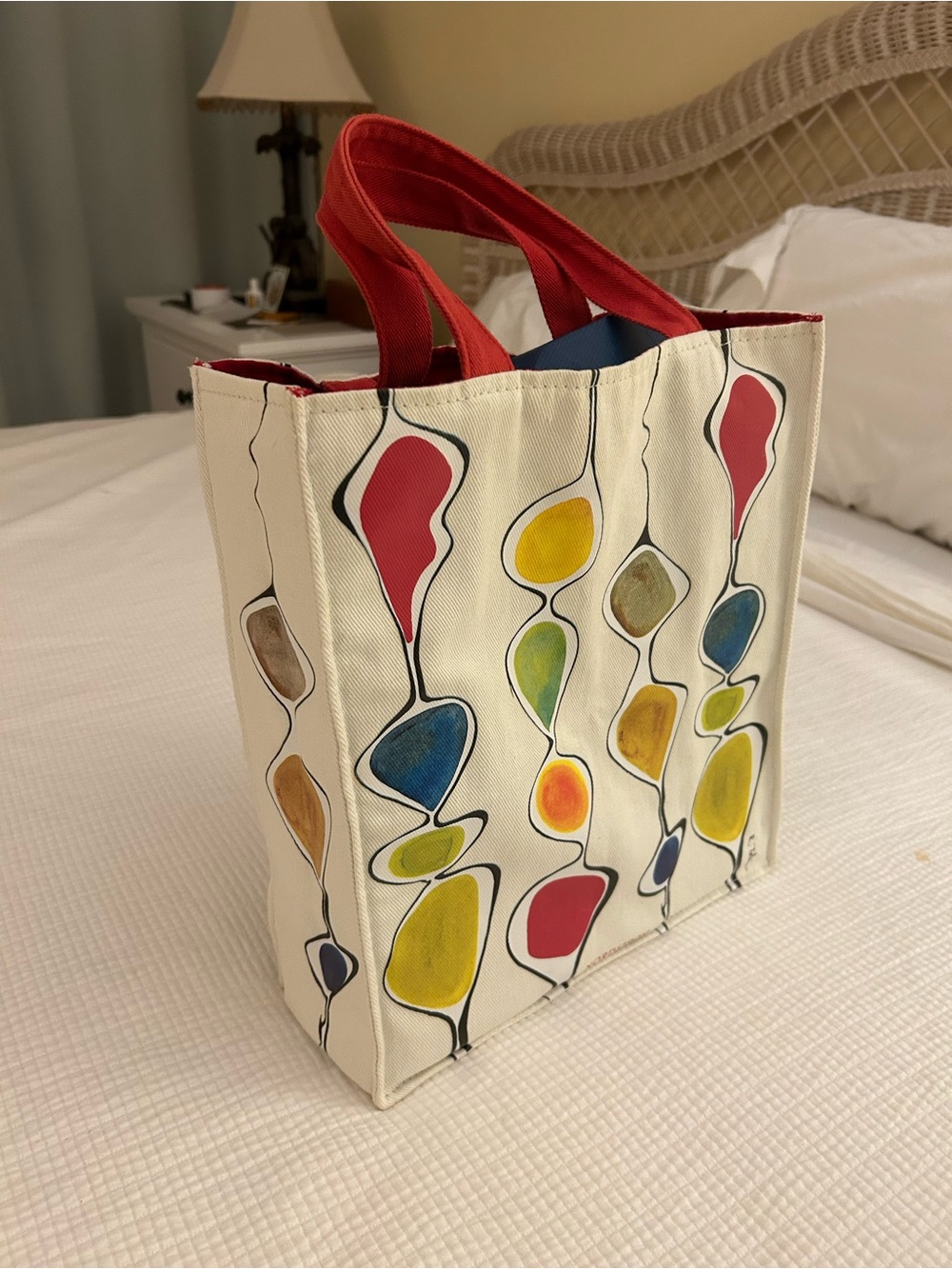 Nordstrom Cream Canvas Tote with Red Handles and Multicolor Abstract Accents